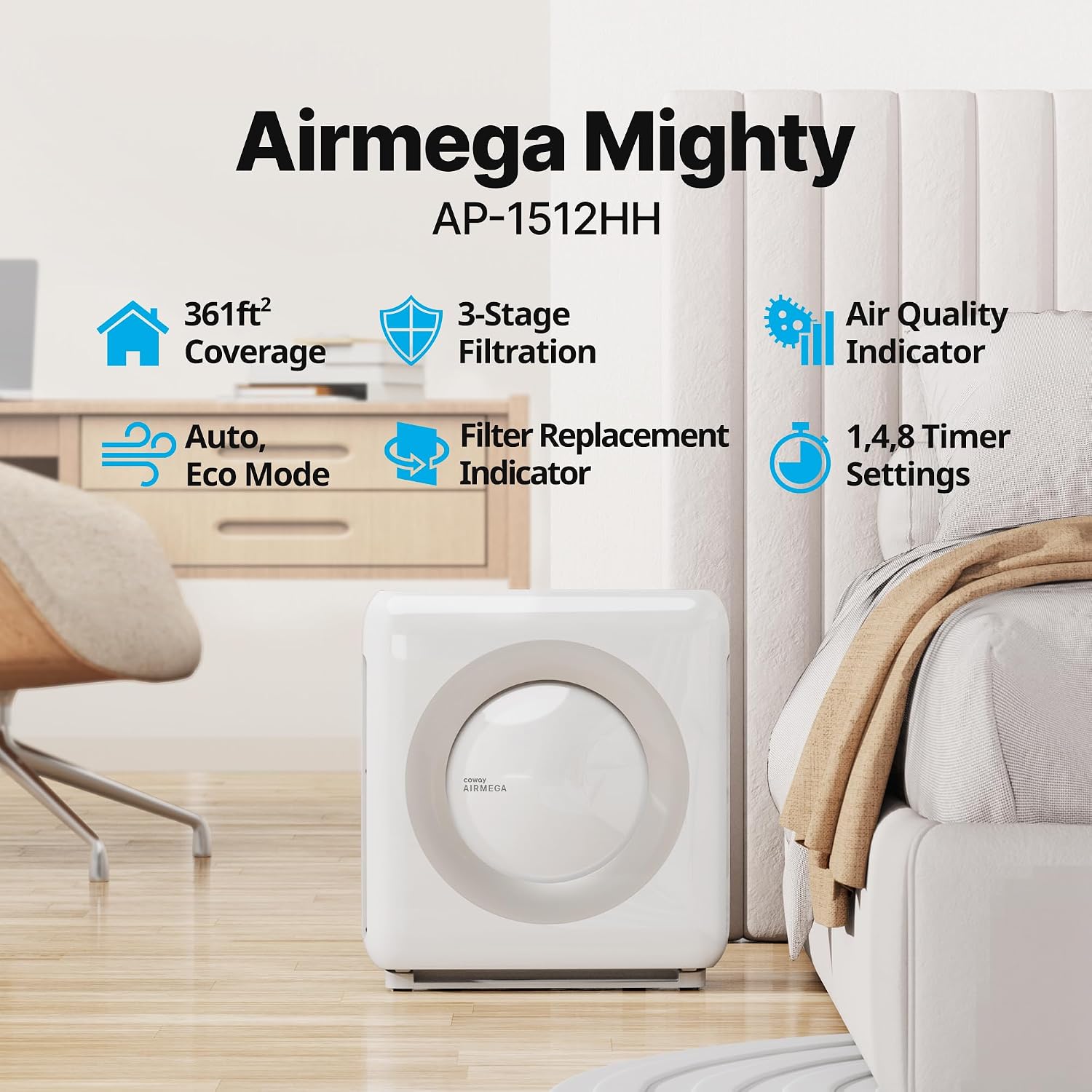 Coway Airmega AP-1512HH(W) True HEPA Purifier with Air Quality Monitoring