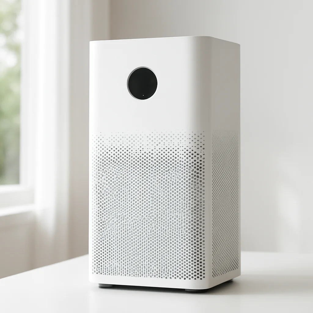 Bright modern living room with a sleek white air purifier humming quietly on a hardwood floor beside a couch, afternoon light streaming through sheer curtains, and a smartphone showing a clean air quality app dashboard